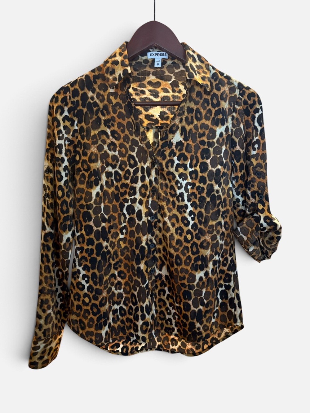 Express Leopard Print Long Sleeve Button Down Blouse Shirt XS